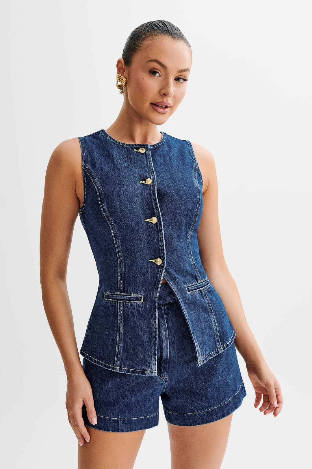 Denim Button Up Set - Luxurise - denim-button-up-vest - 