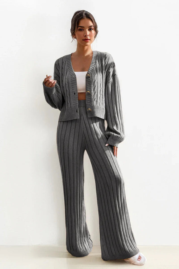 Carrie Knit Set Comfy Vibes - Luxurise - stylish-beige-v-neck-cable-knit-button-cropped-cardigan-stretch-wide-leg-trousers-co-ord - loungewear