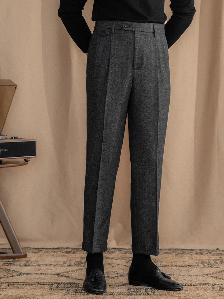 Valentio Wool Blend Herringbone Pleated Pants - Luxurise Fashion - 