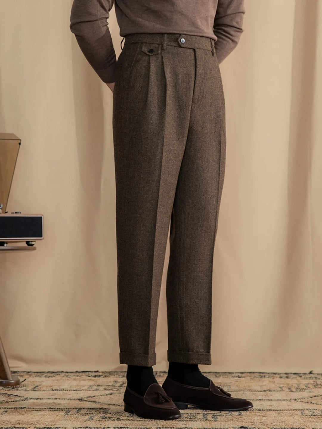 Valentio Wool Blend Herringbone Pleated Pants - Luxurise Fashion - 