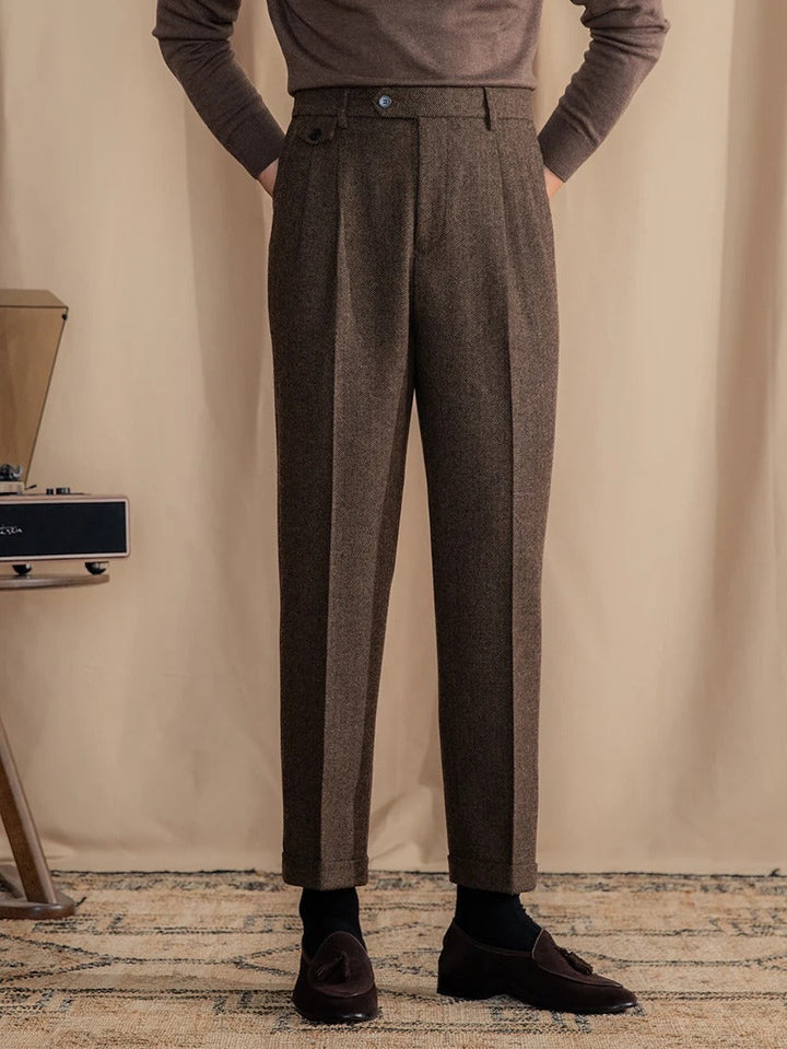 Valentio Wool Blend Herringbone Pleated Pants - Luxurise Fashion - 