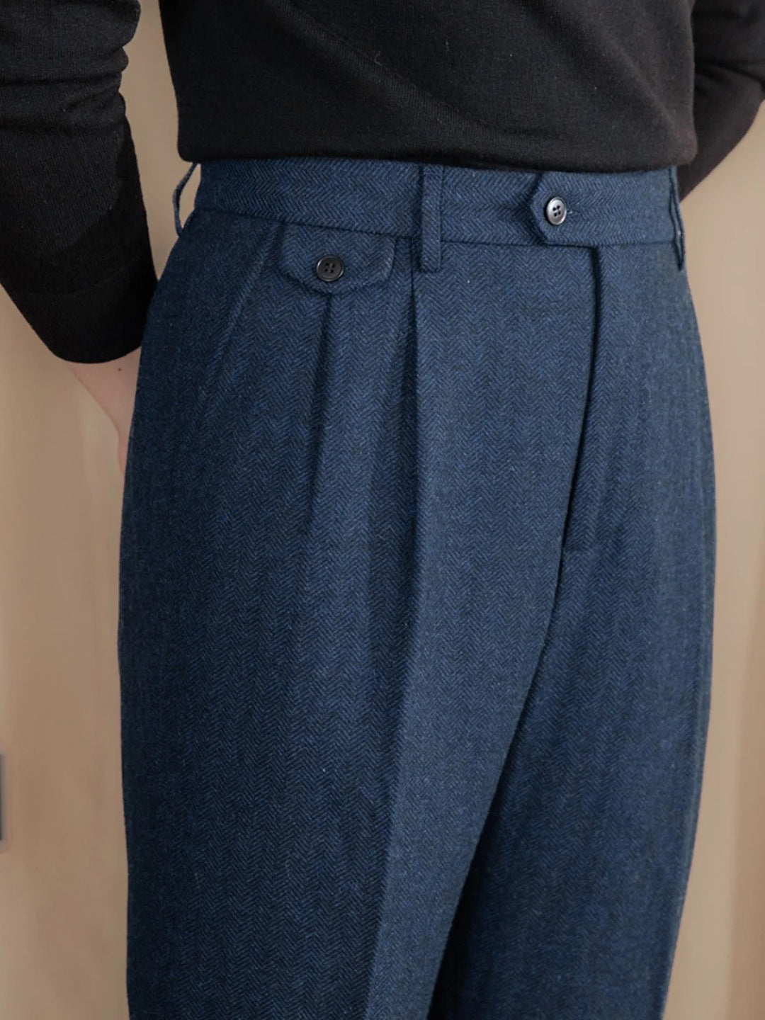 Valentio Wool Blend Herringbone Pleated Pants - Luxurise Fashion - 