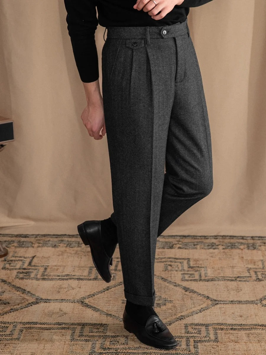 Valentio Wool Blend Herringbone Pleated Pants - Luxurise Fashion - 