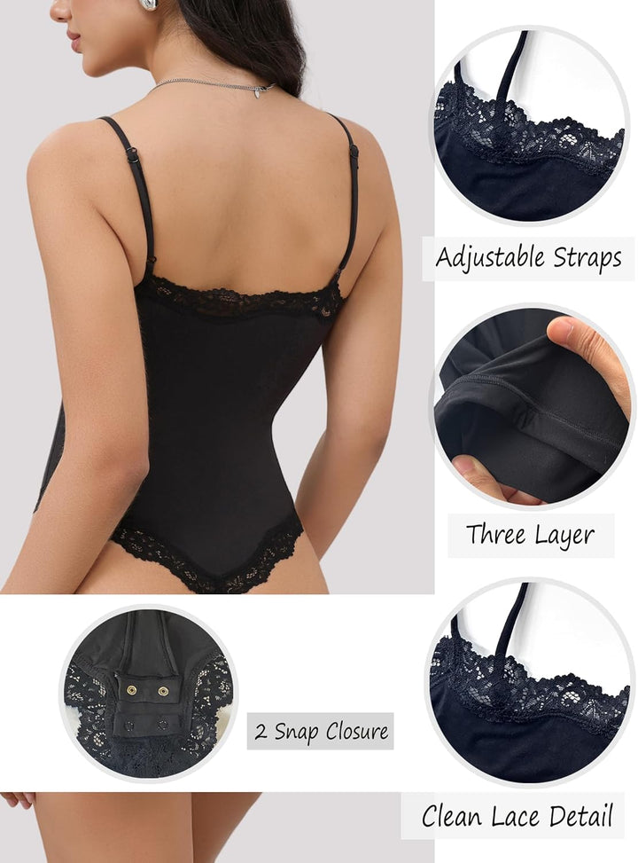 Lace detail Bodysuit Square Neck Spaghetti Strap Tank Top Bodysuits - Luxurise Fashion - 