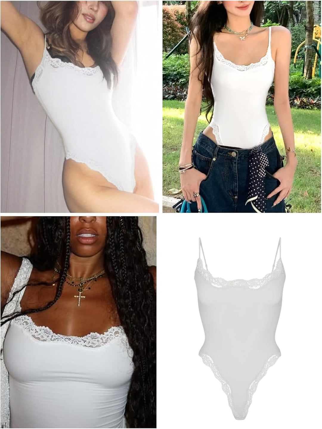 Lace detail Bodysuit Square Neck Spaghetti Strap Tank Top Bodysuits - Luxurise Fashion - 