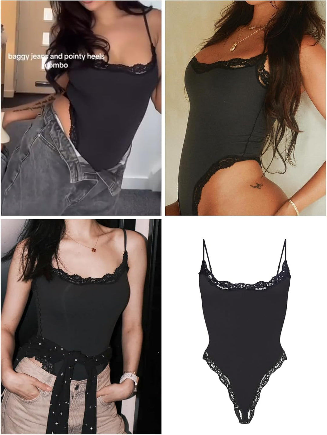 Lace detail Bodysuit Square Neck Spaghetti Strap Tank Top Bodysuits - Luxurise Fashion - 