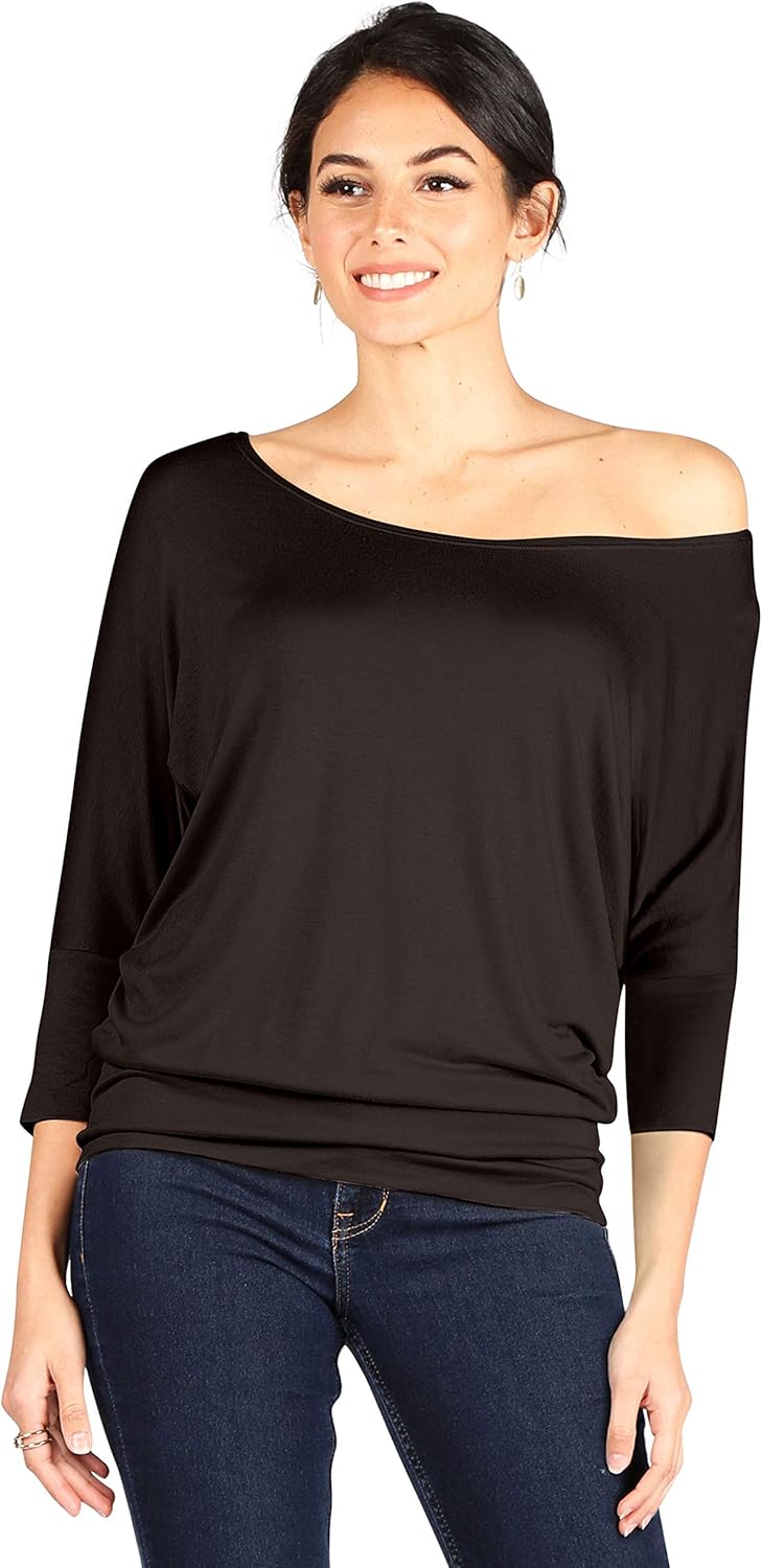 Scoopneck Top Off The Shoulder Tops Banded Waistband Shirts 3/4 Sleeves Regular and Plus Size Tops - Luxurise Fashion - 