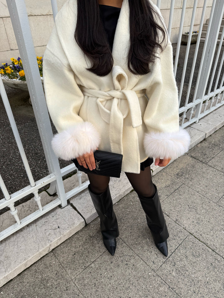 Beige Wool Coat with Fur - Luxurise Fashion - 