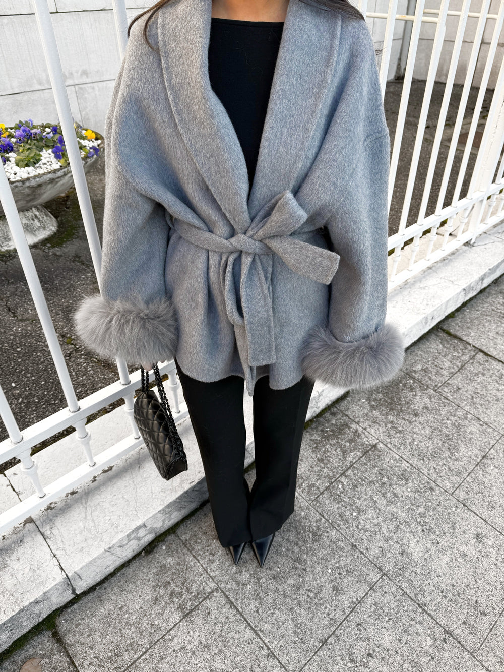 Gray Wool Coat with Fur - Luxurise Fashion - 