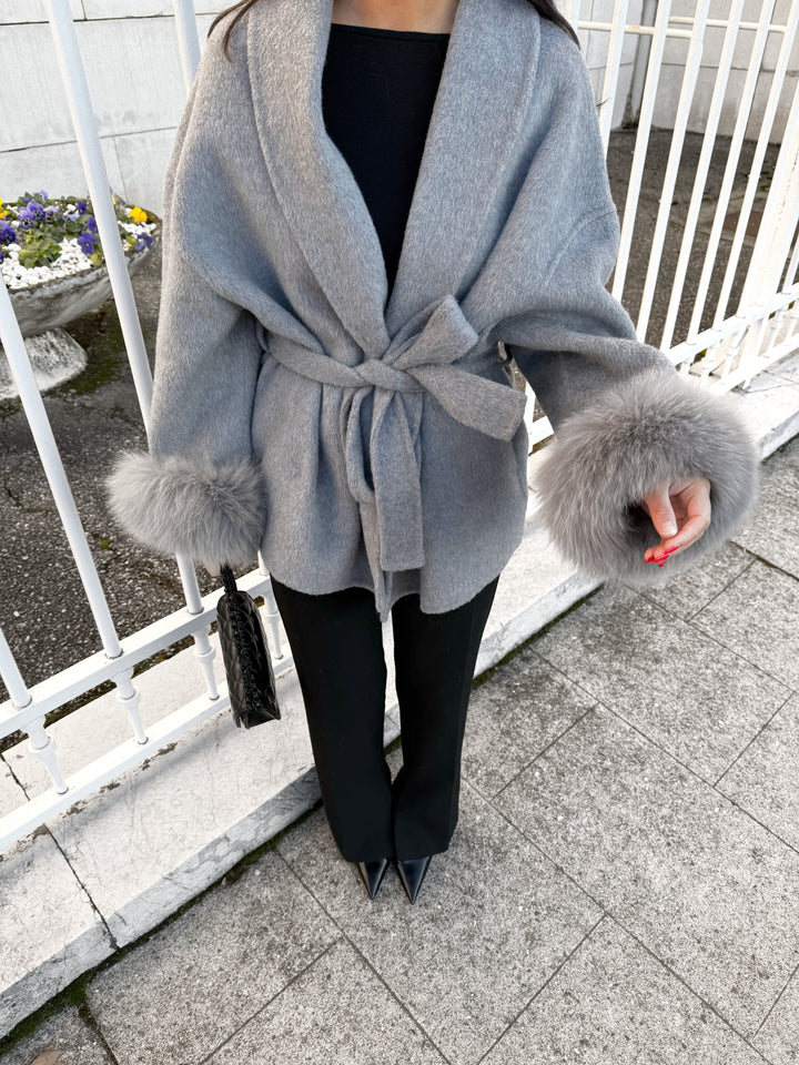 Gray Wool Coat with Fur - Luxurise Fashion - 