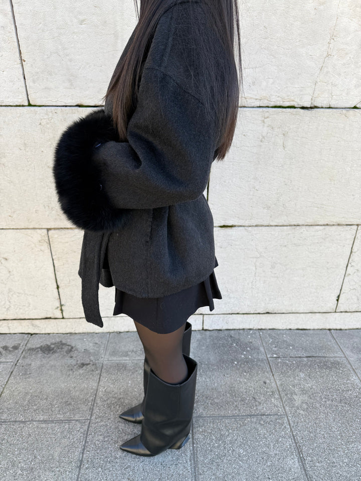 ANTHRACITE WOOL COAT WITH FUR - Luxurise Fashion - 