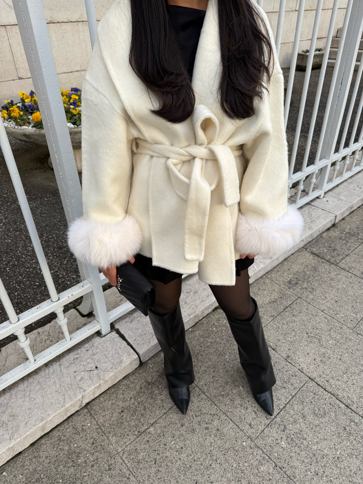 Beige Wool Coat with Fur - Luxurise Fashion - 