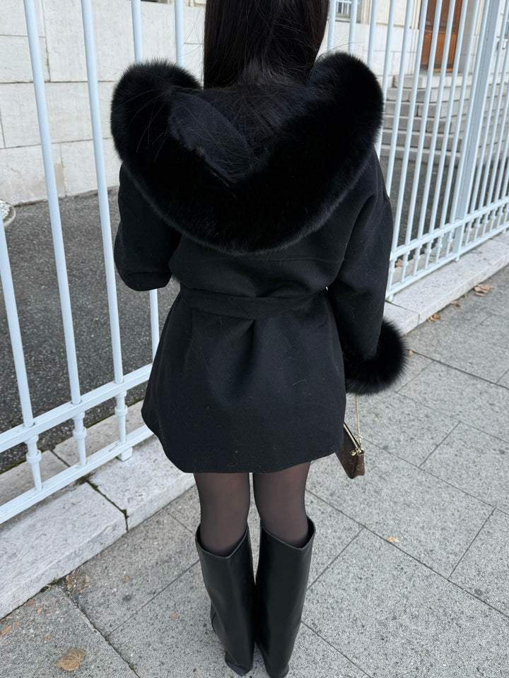 BLACK WOOL AND FUR COAT WITH HOOD - Luxurise Fashion - 