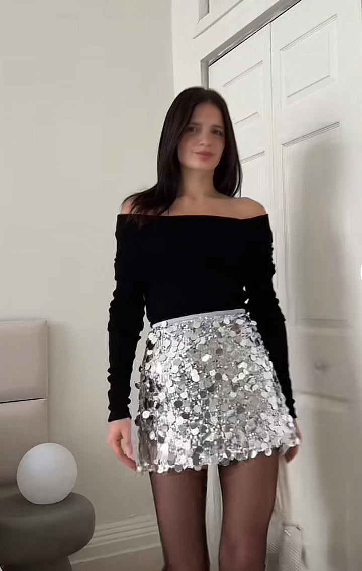 Sequin Skirt Silver/Black Perfect Holiday Party skirt - Luxurise Fashion - 