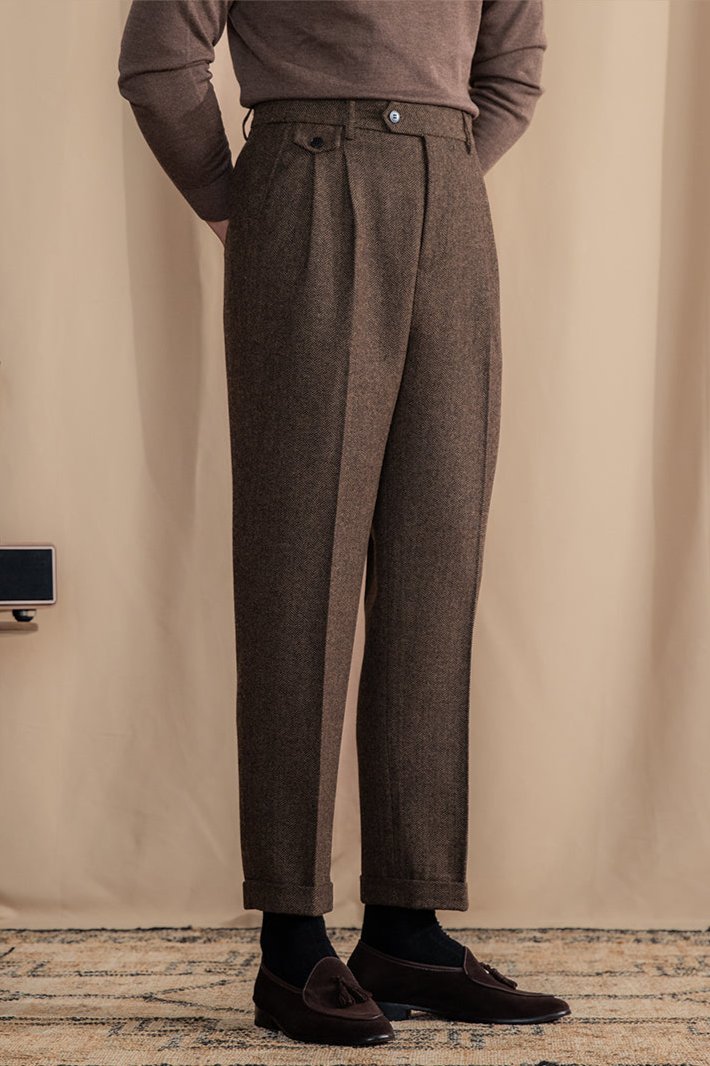 Valentio Wool Blend Herringbone Pleated Pants - Luxurise Fashion - 