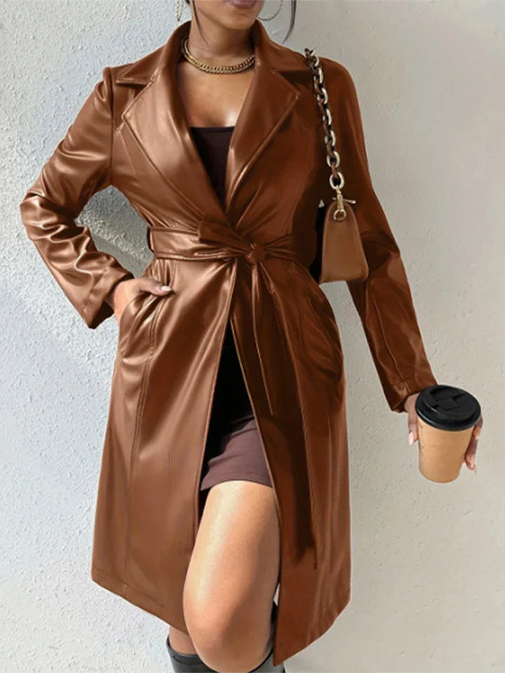 PU Leather Trench Coat Vintage Belted Turn-Down Collar - Luxurise - pu-leather-trench-coat - 