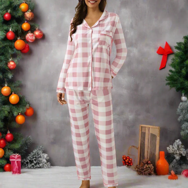 Casual Christmas PJ's - Luxurise - women-casual-lapel-button-plaid-print-two-long-ladies-pajamas-button-down-pajamas-sleepwear-for-women-woman-pajamas - 