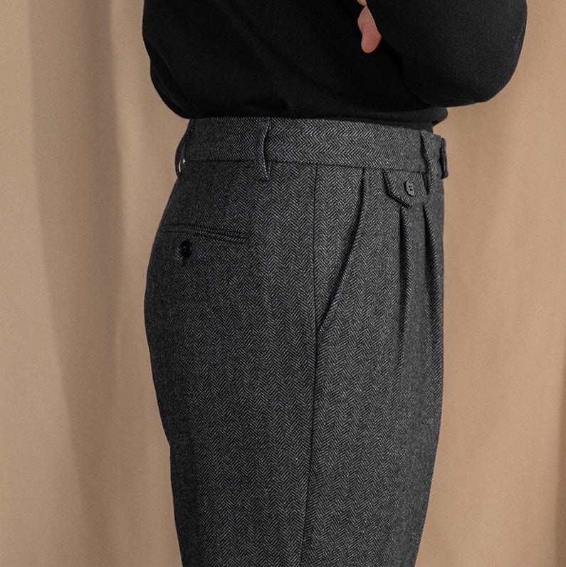 Valentio Wool Blend Herringbone Pleated Pants - Luxurise Fashion - 