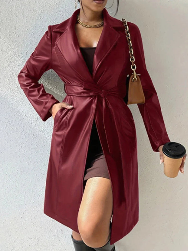 PU Leather Trench Coat Vintage Belted Turn-Down Collar - Luxurise - pu-leather-trench-coat - 