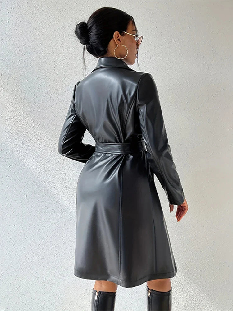 PU Leather Trench Coat Vintage Belted Turn-Down Collar - Luxurise Fashion - 