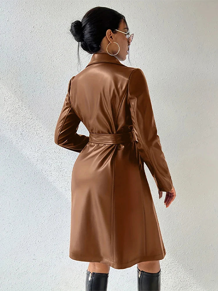 PU Leather Trench Coat Vintage Belted Turn-Down Collar - Luxurise - pu-leather-trench-coat - 