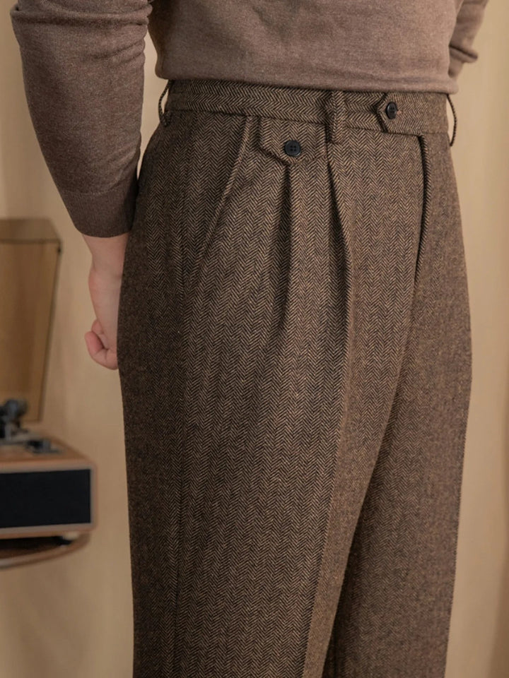 Valentio Wool Blend Herringbone Pleated Pants - Luxurise Fashion - 