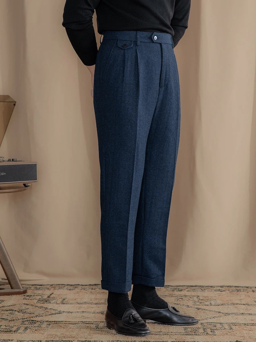 Valentio Wool Blend Herringbone Pleated Pants - Luxurise Fashion - 