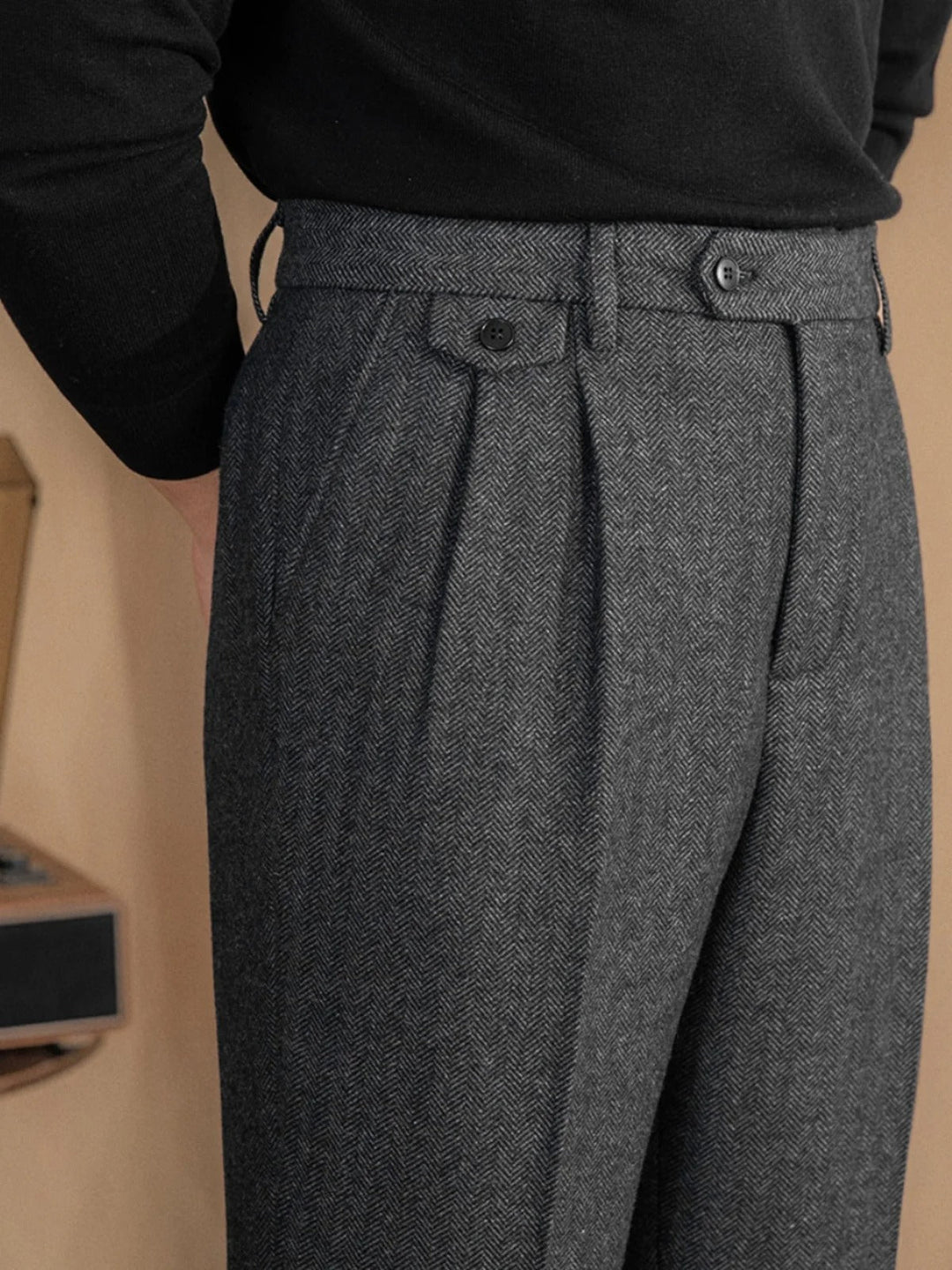 Valentio Wool Blend Herringbone Pleated Pants - Luxurise Fashion - 