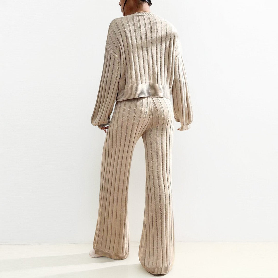 Carrie Knit Set Comfy Vibes - Luxurise - stylish-beige-v-neck-cable-knit-button-cropped-cardigan-stretch-wide-leg-trousers-co-ord - loungewear