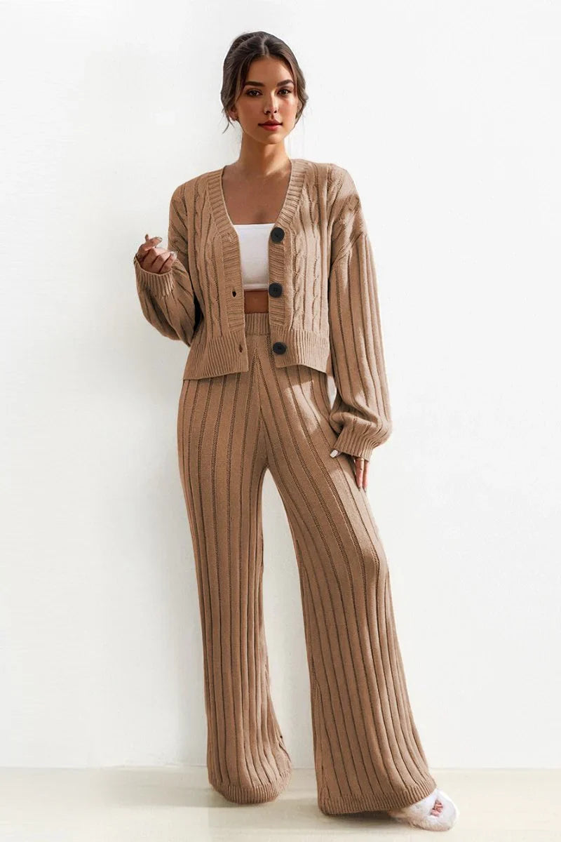 Carrie Knit Set Comfy Vibes - Luxurise - stylish-beige-v-neck-cable-knit-button-cropped-cardigan-stretch-wide-leg-trousers-co-ord - loungewear