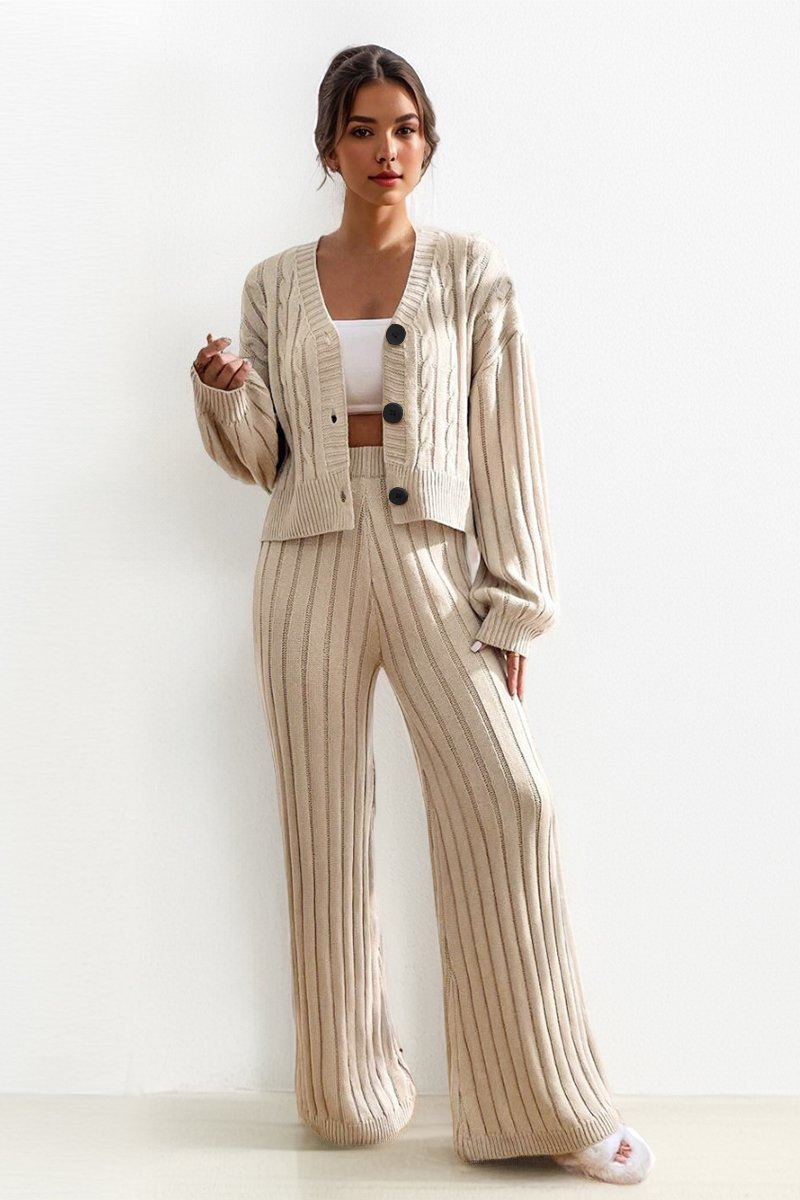 Carrie Knit Set Comfy Vibes - Luxurise - stylish-beige-v-neck-cable-knit-button-cropped-cardigan-stretch-wide-leg-trousers-co-ord - loungewear